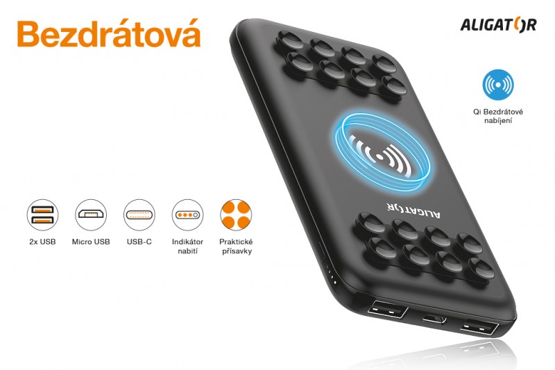 Powerbanka ALIGATOR Savelock, bezdrátová, 10000mAh,černá