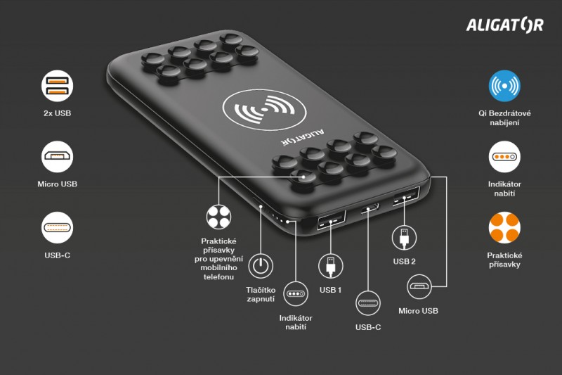 Powerbanka ALIGATOR Savelock, bezdrátová, 10000mAh,černá