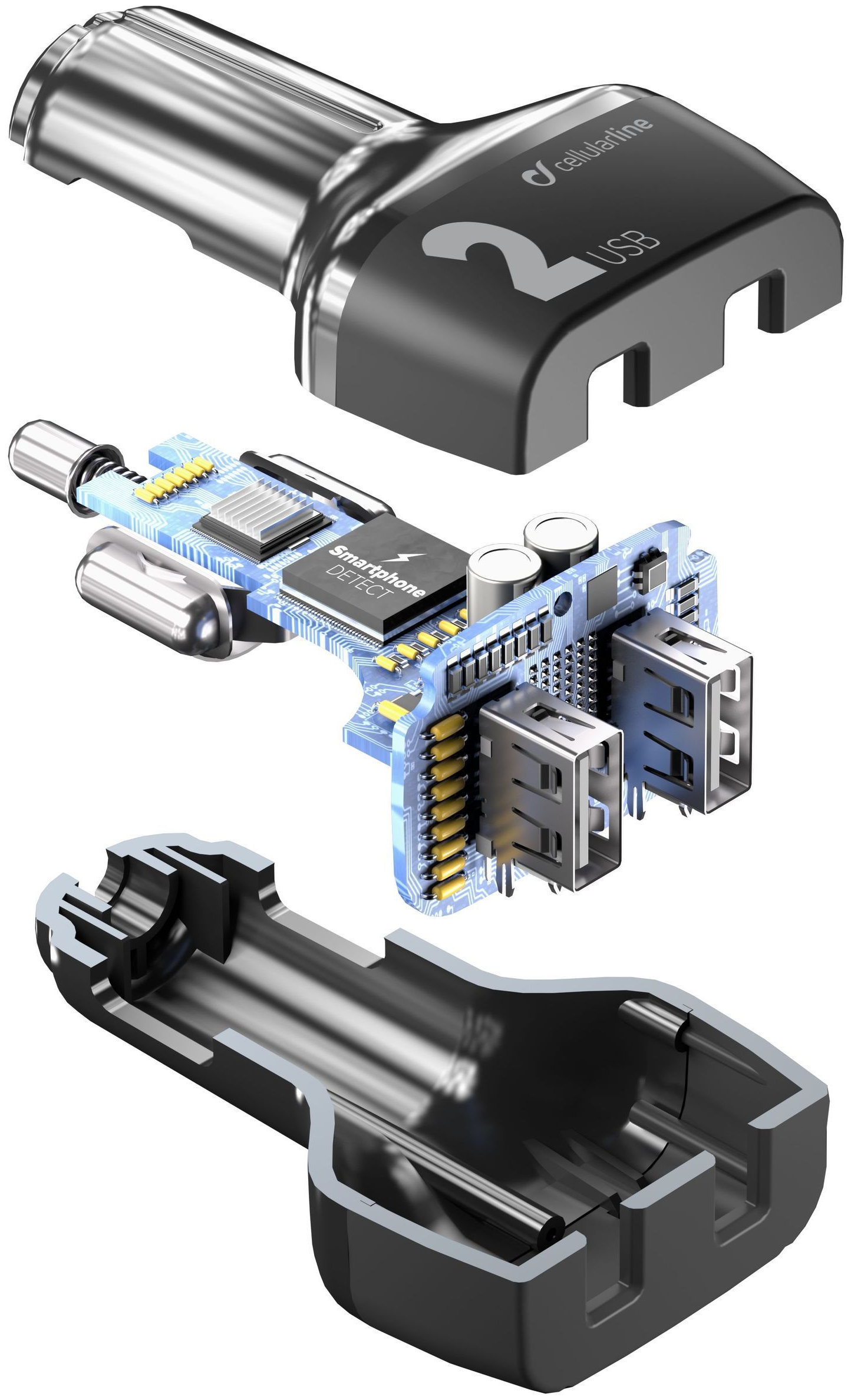 Autonabíjačka CellularLine Car Multipower 2 s technológiou Smartphone Detect, 2 x USB port, 24W, čierna
