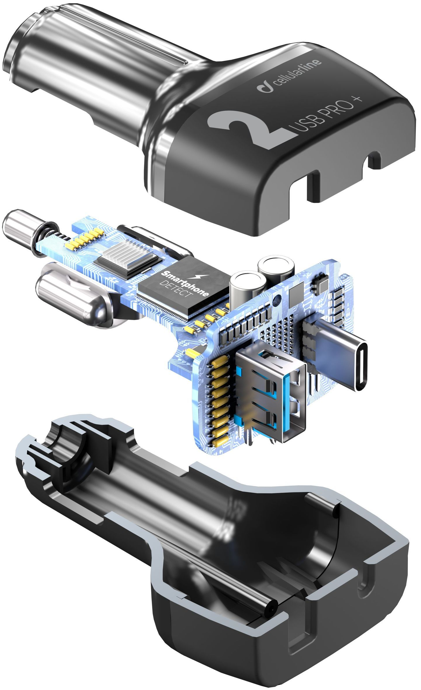 Autonabíjačka CellularLine Car Multipower 2 PRO + s technológiou Smartphone Detect, USB + USB-C port, 36W, čierna