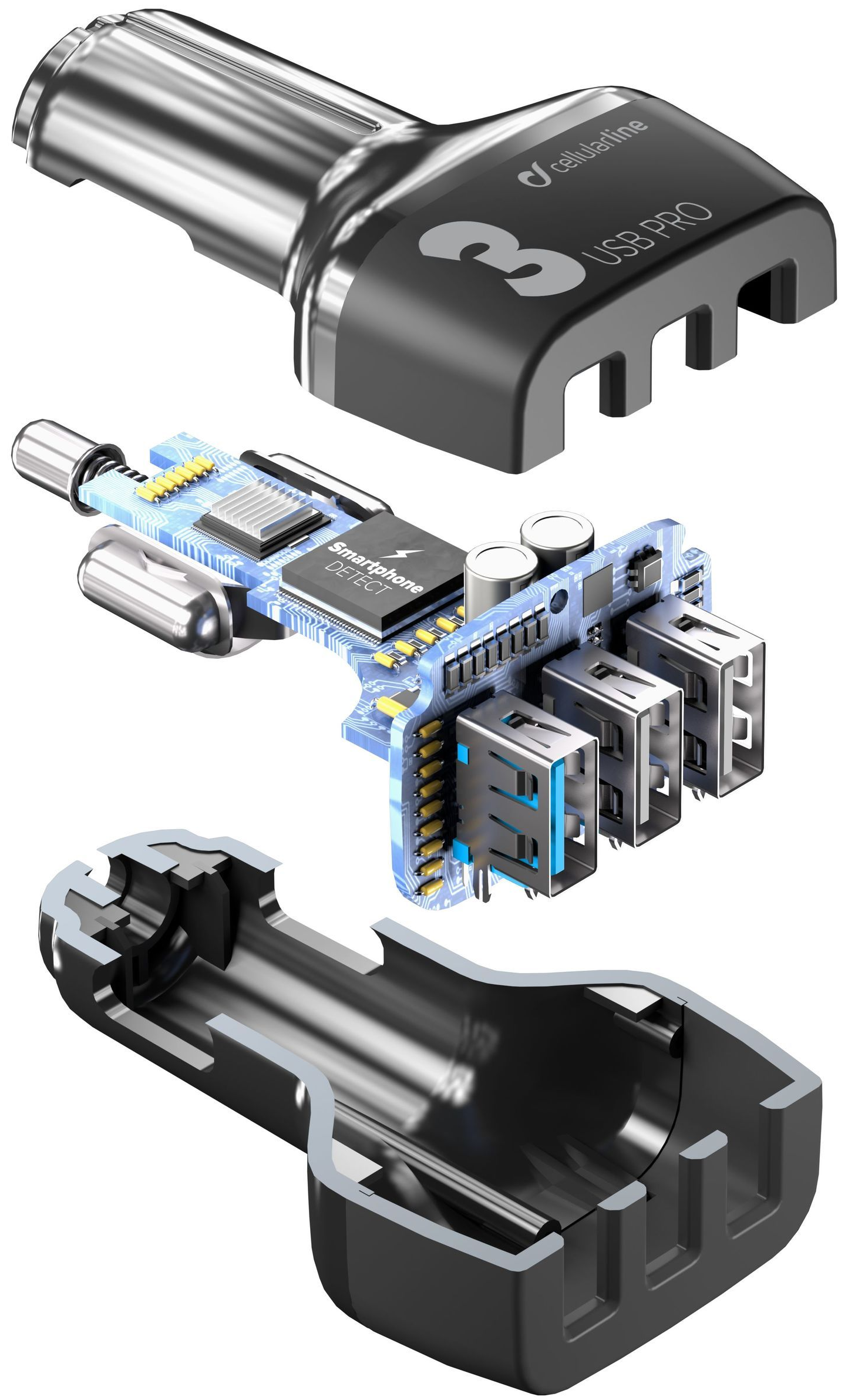 Autonabíjačka CellularLine Car Multipower 3 PRO s technológiou Smartphone Detect, 3 x USB port, 42W, čierna