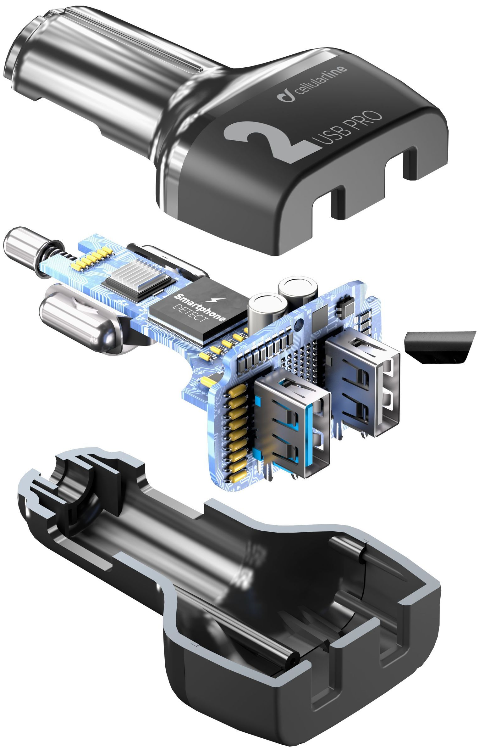 Autonabíjačka CellularLine Car Multipower 2 PRO s technológiou Smartphone Detect, 2 x USB port, 36W, čierna