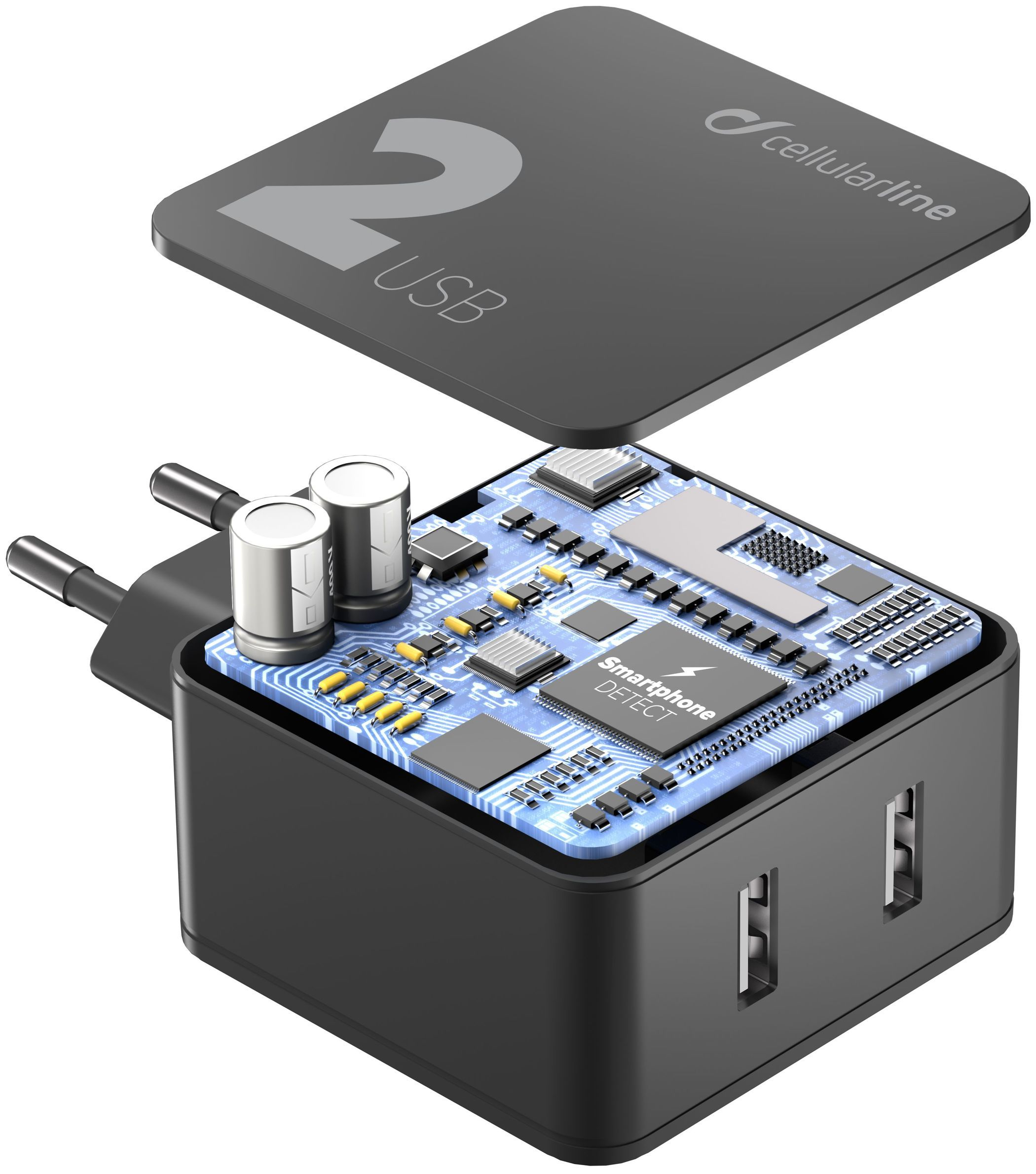 Sieťová nabíjačka CellularLine Multipower 2 s technológiou Smartphone detect, 2 x USB port, 24W, čierna