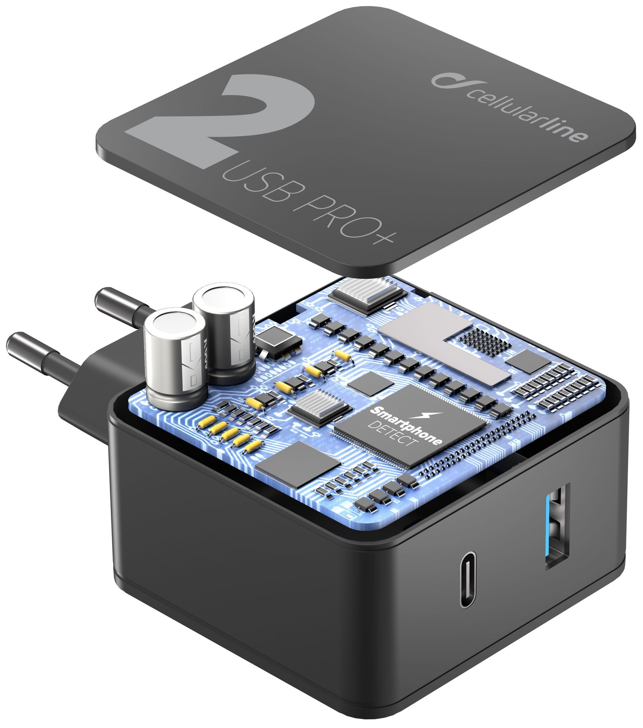 Sieťová nabíjačka CellularLine Multipower 2 PRO + s technológiou Smartphone Detect, USB-C + USB port, 36W, čierna