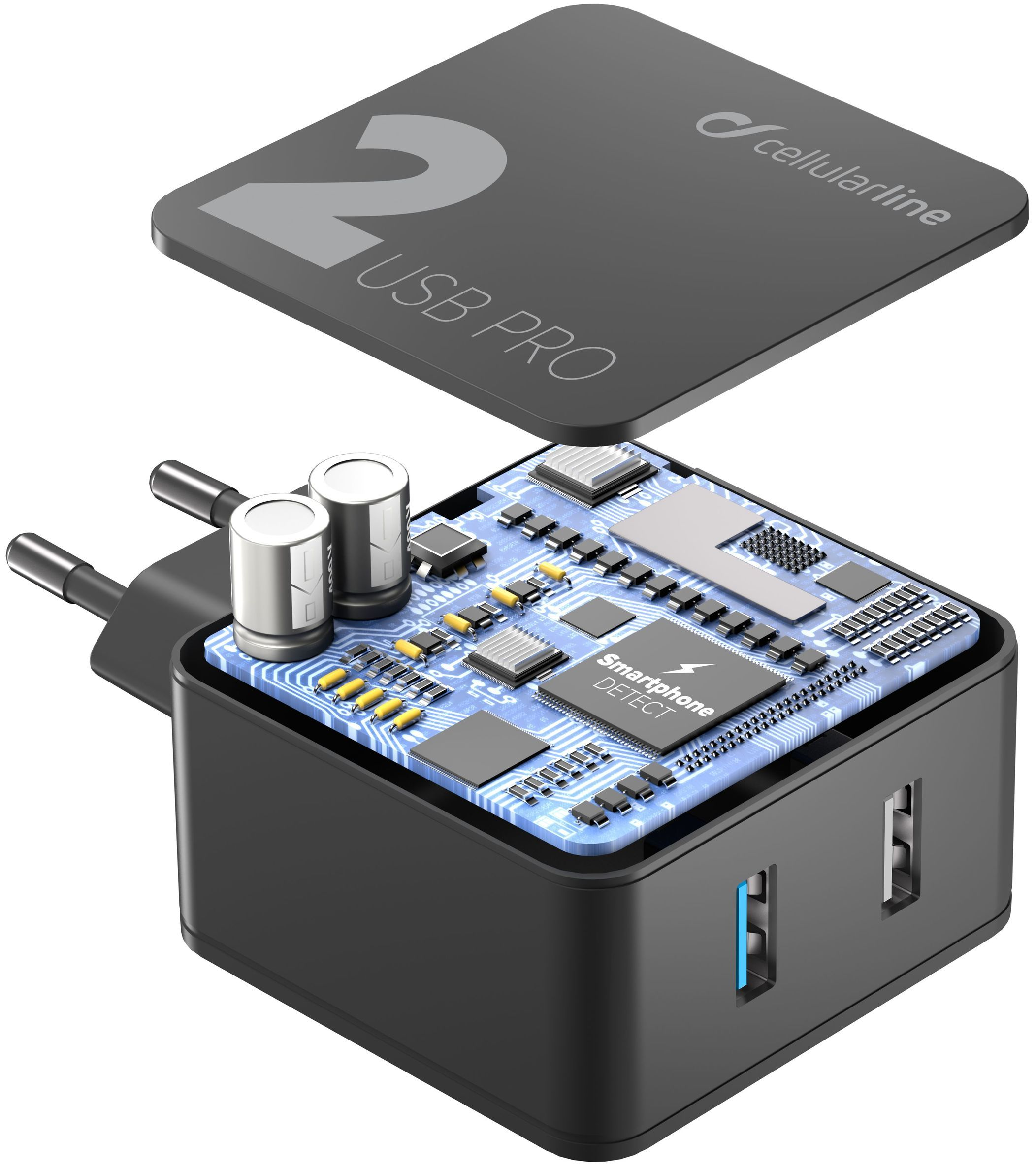 Sieťová nabíjačka CellularLine Multipower 2 PRO s technológiou Smartphone Detect, 2 x USB port, 30W, čierna
