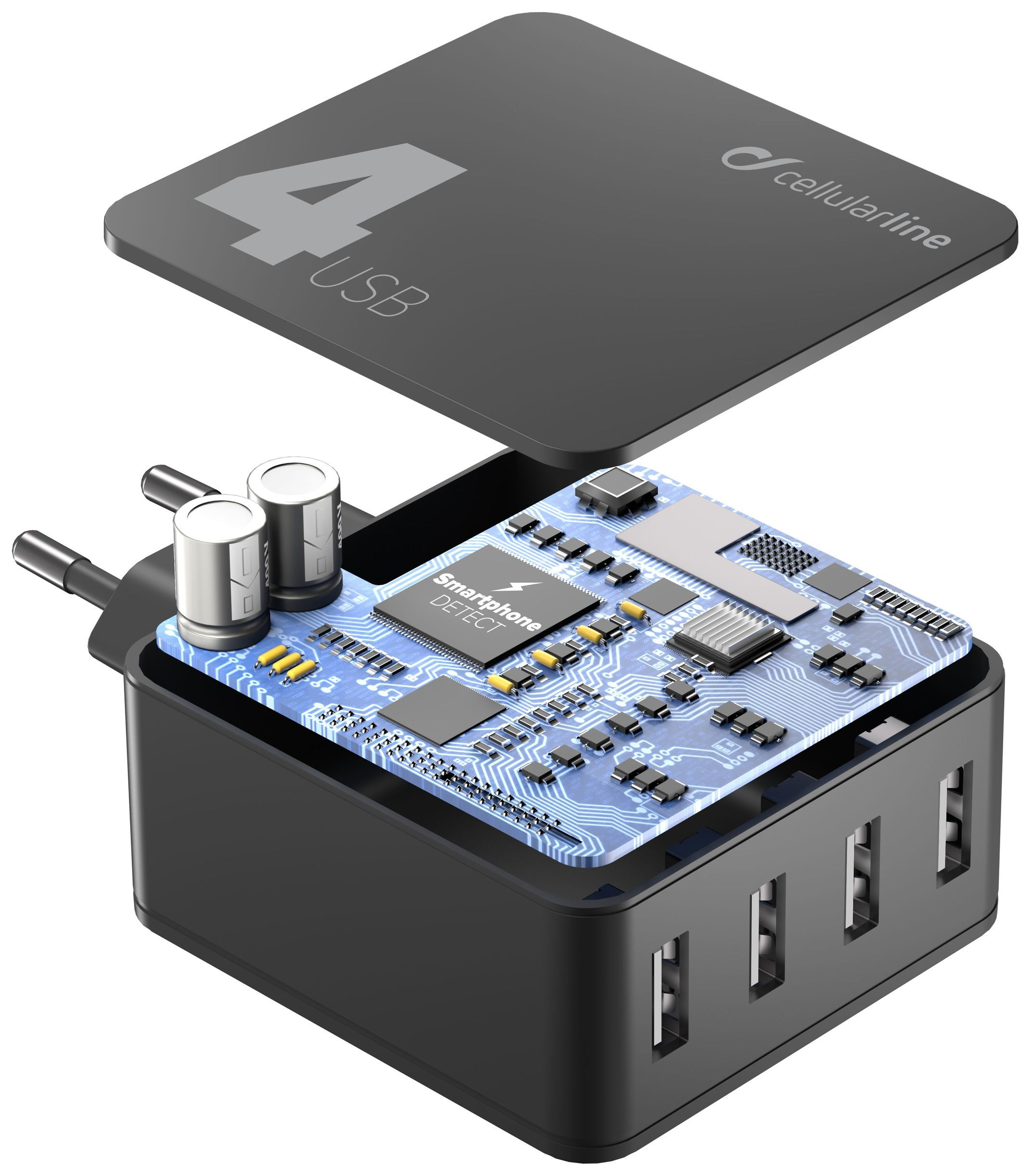 Sieťová nabíjačka CellularLine Multipower 4 s technológiou Smartphone Detect, 4 x USB port, 42W, čierna