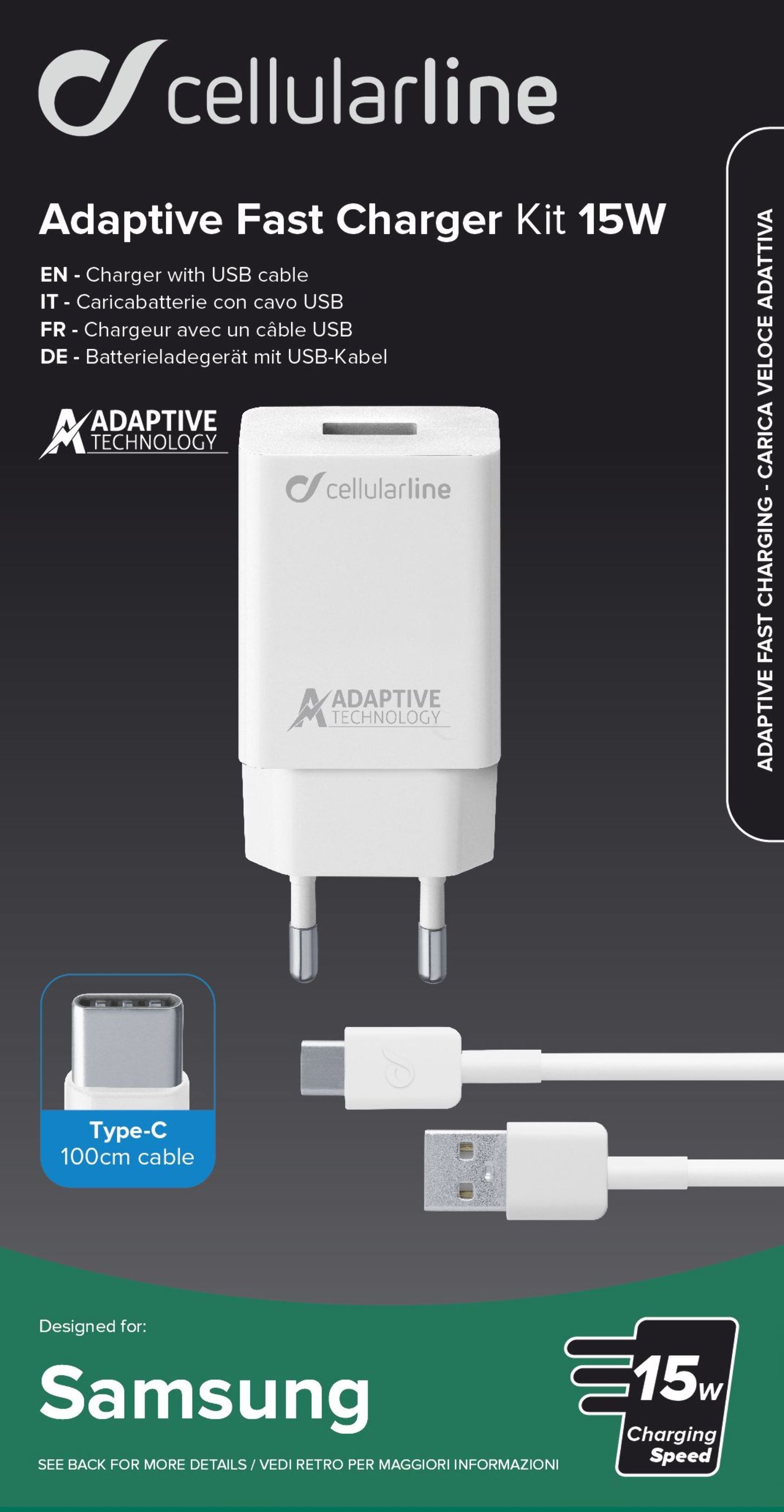 Set USB nabíjačky a USB-C kábla CellularLine, adaptívne nabíjanie, 15W, biely