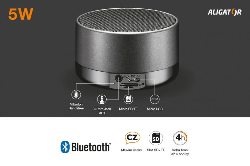 Bluetooth kovový reproduktor Aligator ABS1, micro SD, čierna