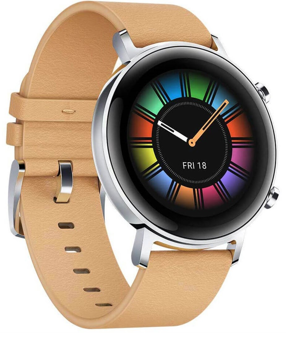 Huawei Watch GT 2 strieborná, 42mm, Khaki kožený opasok